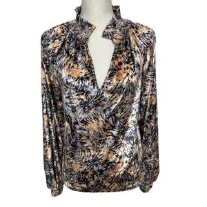 Free People Crushed Velvet Balloon
Sleeve Boho Blouse Blue Tan Smocked SZ Large